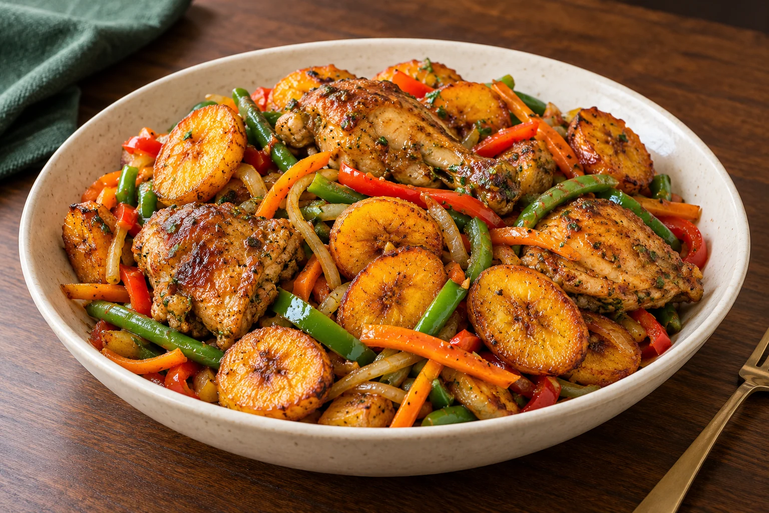 Culinary illustration of Cameroonian Poulet DG