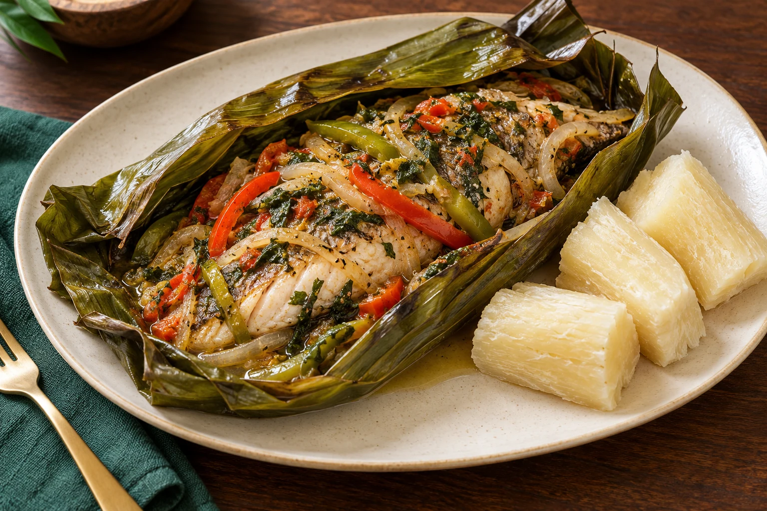 Illustration of fish Ndomba in an open leaf parcel with cassava.