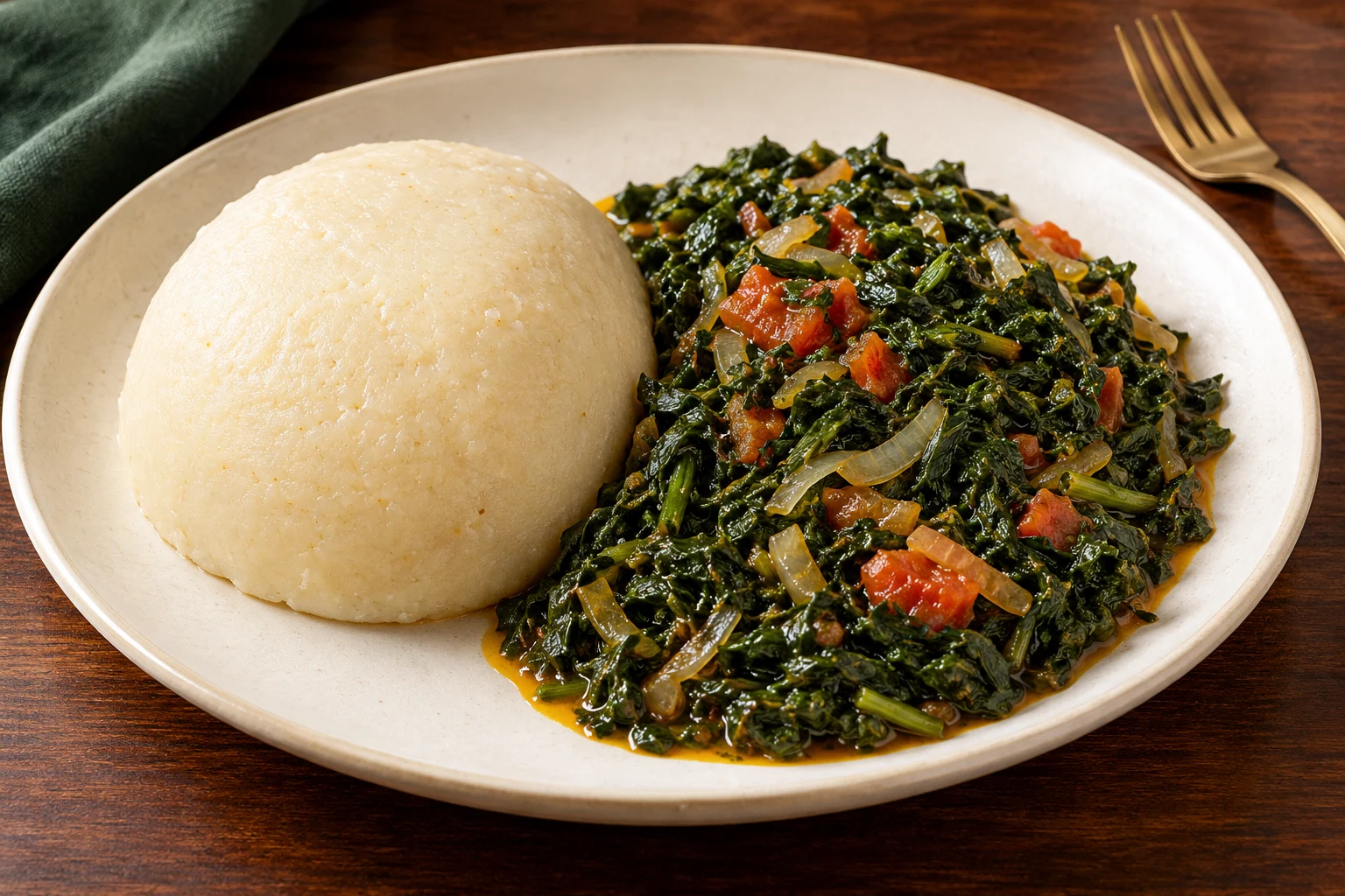 Illustration of corn fufu beside sautéed Njama Njama greens.
