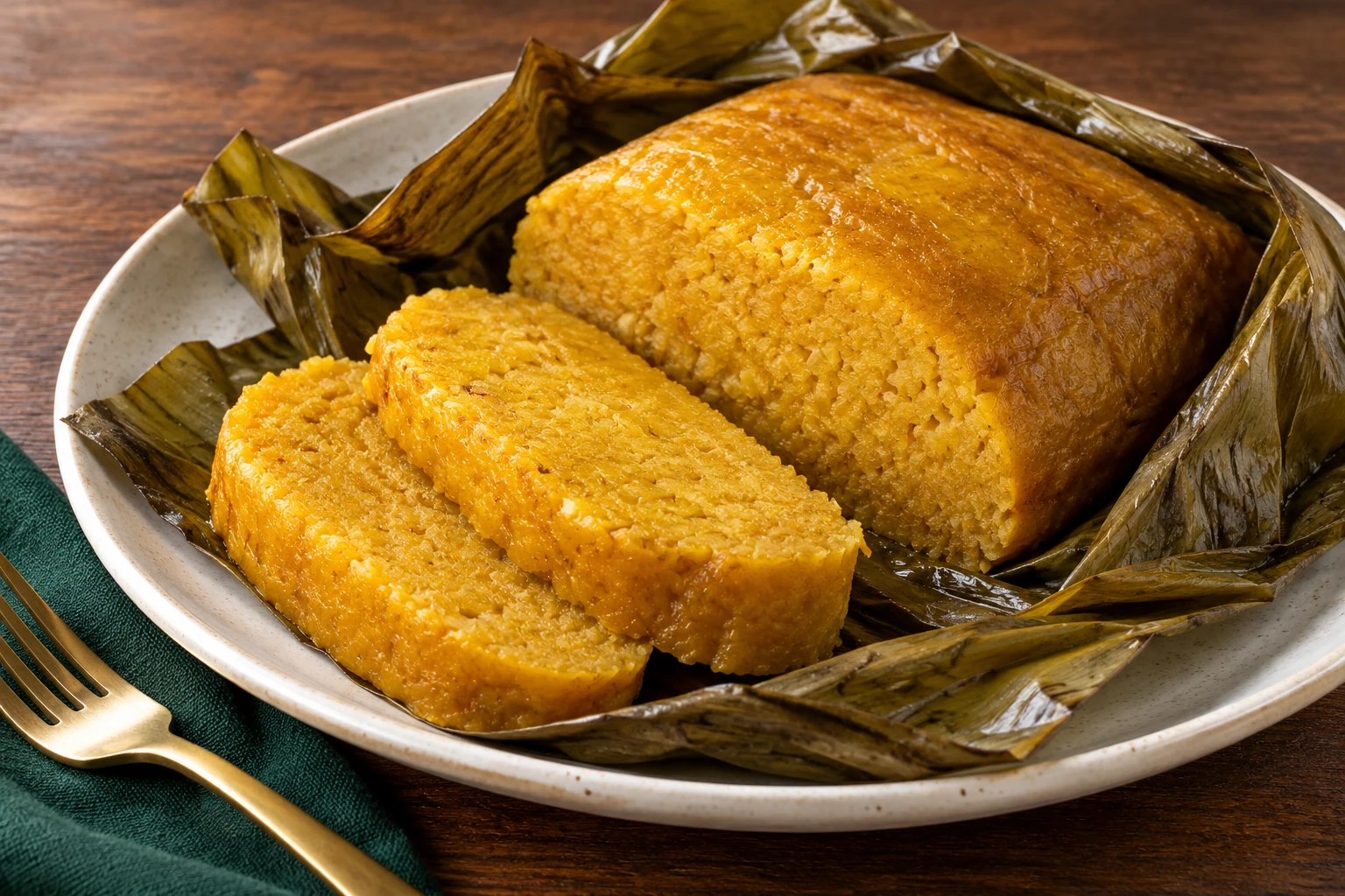 Illustration of a sliced golden Mintoumba loaf in an opened leaf.