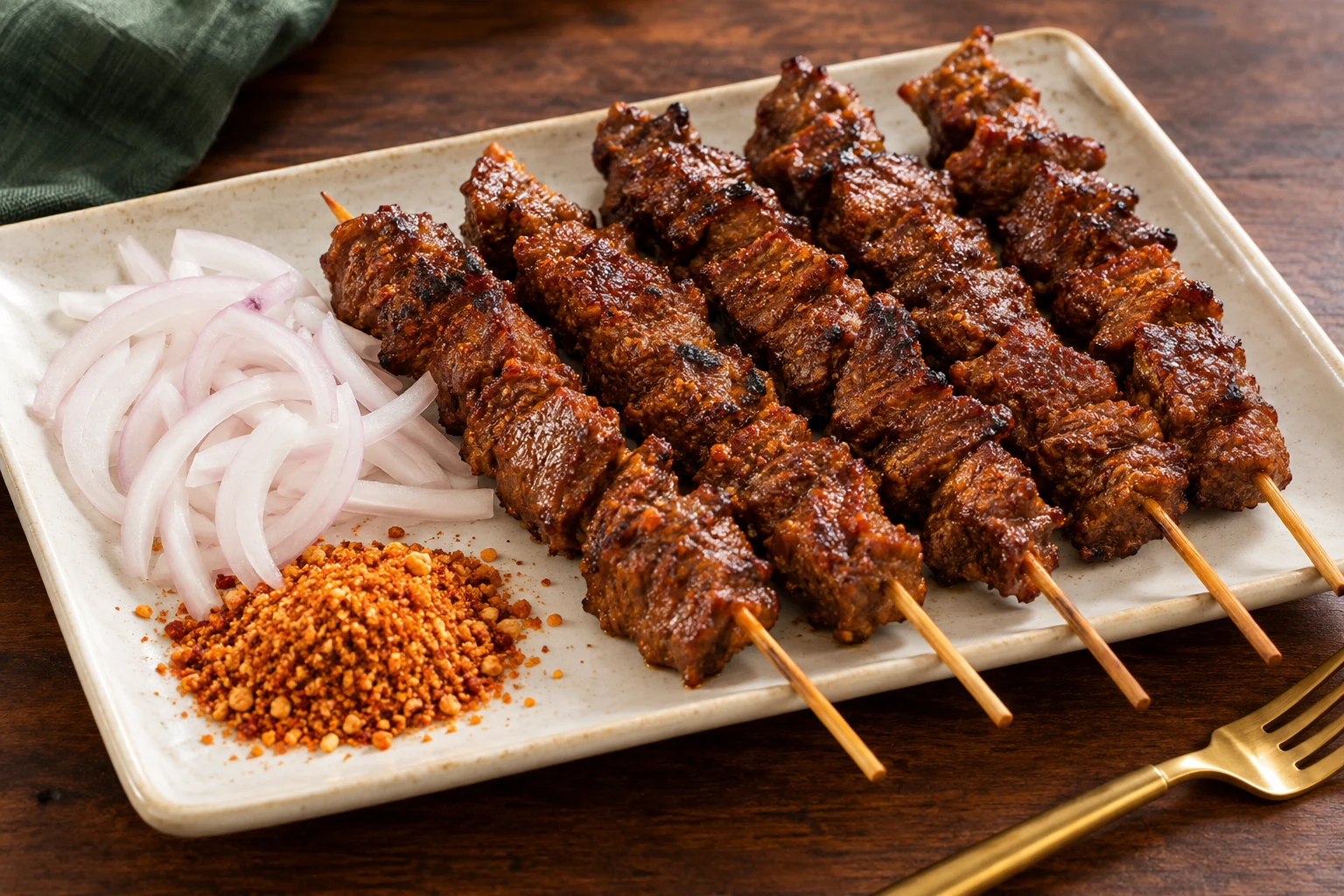 Illustration of grilled Soya beef skewers with onions and dry spice.
