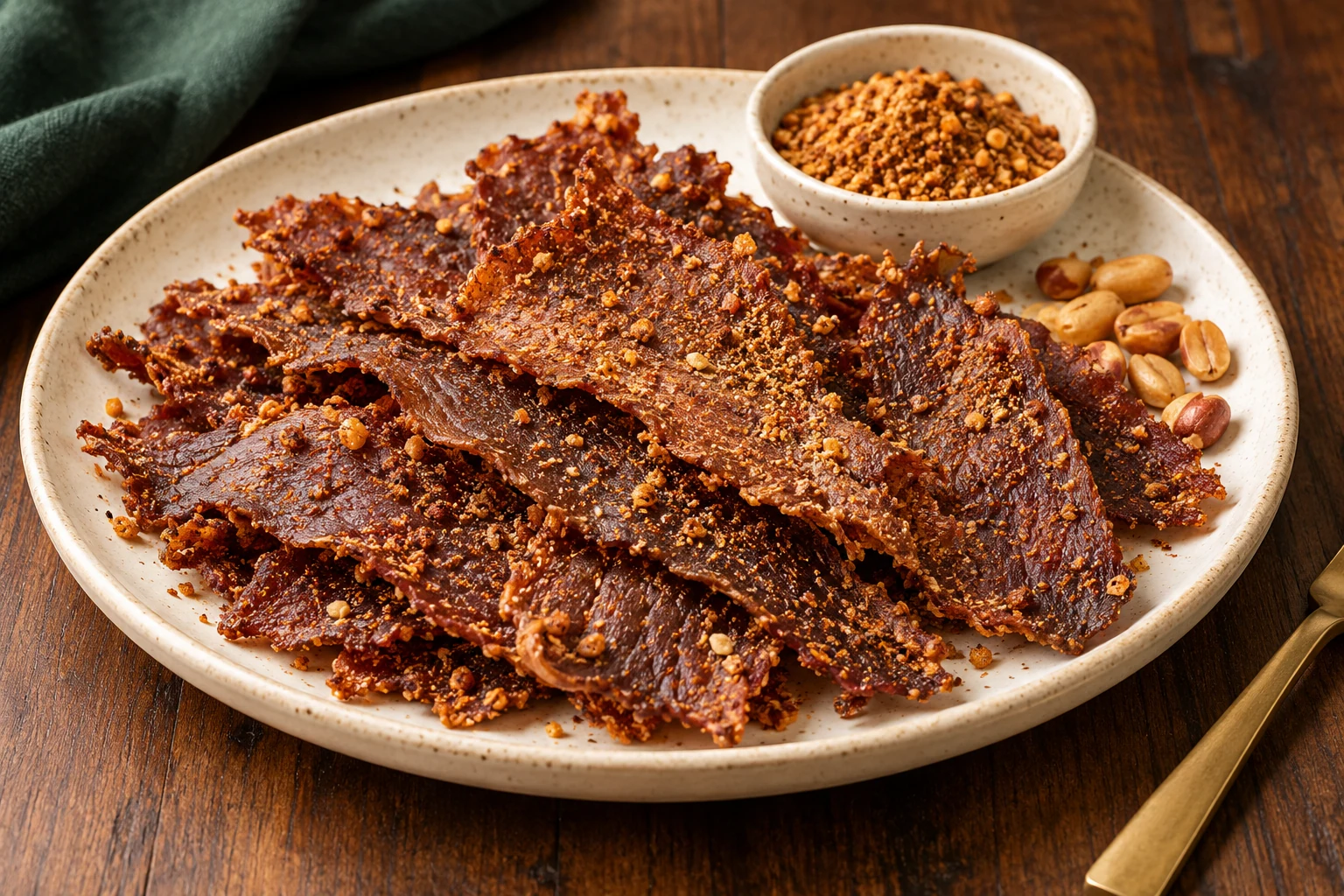 Illustration of thin reddish-brown Kilichi beef sheets on an ivory plate.